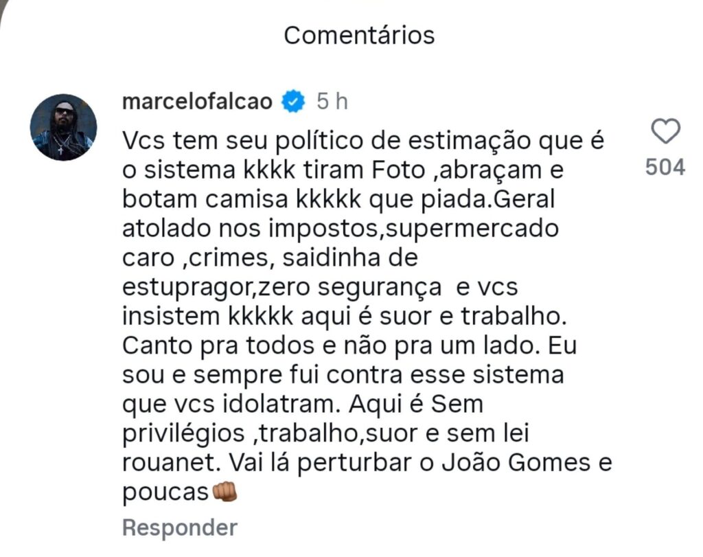 Print de publicação no Instagram cobrando posicionamento político do cantor Marcelo Falcão